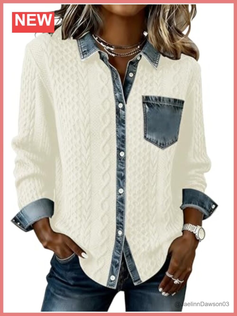 Women's Patchwork Denim Cable Knit Shacket Jacket